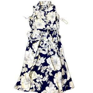London style blue ivory floral belted summer dress size 12